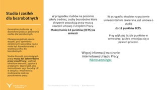 Fyrirmyndarþjónusta – Virðing – Áreiðanleiki
W przypadku studiów na poziomie
szkoły średniej, osoby bezrobotne które
aktywnie poszukują pracy muszą
zawrzeć umowę z Urzędem Pracy.
Maksymalnie 12 punktów (ECTS) na
semestr
W przypadku studiów na poziomie
uniwersyteckim zawierana jest umowa o
studia
do 12 punktów ECTS.
Przy większej liczbie punktów w
semestrze, zasiłek zmniejsza się o
pewien procent.
Więcej informacji na stronie
internetowej Urzędu Pracy:
Námssamningar.
Studia i zasiłek
dla bezrobotnych
Generalnie studia nie są
dozwolone podczas pobierania
zasiłku dla bezrobotnych.
Obowiązują jednak pewne
wyjątki, przy spełnieniu
określonych warunków nauka
może być dozwolona wraz z
wypłatą zasiłku dla
bezrobotnych.
Studia dla osób poszukujących
pracy muszą być zatwierdzone
przez Urząd Pracy i spełniać
określone warunki, zgodnie z
przepisami. Ważne jest, aby
skonsultować się z doradcą UP
w związku z możliwoscią
studiowania podczas
poszukiwania pracy.
 