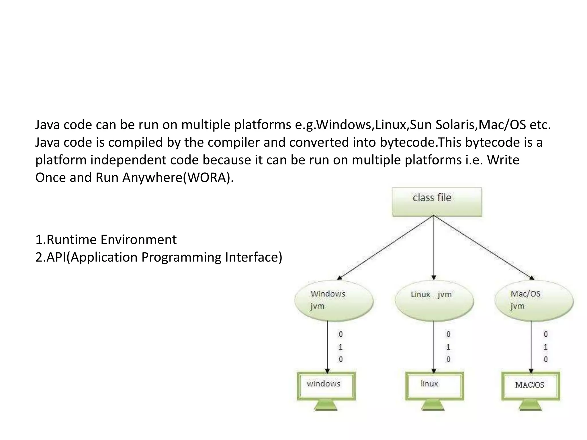 1.Runtime Environment
2.API(Application Programming Interface)
Java code can be run on multiple platforms e.g.Windows,Linux,Sun Solaris,Mac/OS etc.
Java code is compiled by the compiler and converted into bytecode.This bytecode is a
platform independent code because it can be run on multiple platforms i.e. Write
Once and Run Anywhere(WORA).
 