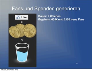 Fans und Spenden generieren
16
Dauer: 2 Wochen
Ergebnis: 635€ und 2159 neue Fans
Mittwoch, 27. Oktober 2010
 