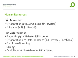 Human Resources

  Für Bewerber
  •Präsentation (z.B. Xing, LinkedIn, Twitter)
  •Jobsuche (z.B. Jobtweet)
  Für Unternehmen
  •Recruiting qualifizierter Mitarbeiter
  •Präsentation des Unternehmens (z.B. Twitter, Facebook)
  •Employer-Branding
  •Dialog
  •Mobilisierung bestehender Mitarbeiter
Carsten Rossi, HTW Berlin, WS 2010/2011, Social Media Basics: Unternehmen und Social Media   © Kuhn, Kammann & Kuhn GmbH, 16.12.2010 20
 