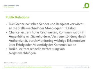 Public Relations

  • Die Grenze zwischen Sender und Rezipient verwischt,
    an die Stelle wechselnder Monologe tritt Dialog
  • Chance: extrem hohe Reichweiten, Kommunikation in
    Augenhöhe mit Stakeholdern, Vertrauensbildung durch
    Authentizität, durch Monitoring wichtige Erkenntnisse
    über Erfolg oder Misserfolg der Kommunikation
  • Risiko: extrem schnelle Verbreitung von
    Negativmeldungen

BVDW Social Media Kompass, 1. Ausgabe, 2009


Carsten Rossi, HTW Berlin, WS 2010/2011, Social Media Basics: Unternehmen und Social Media   © Kuhn, Kammann & Kuhn GmbH, 16.12.2010 22
 