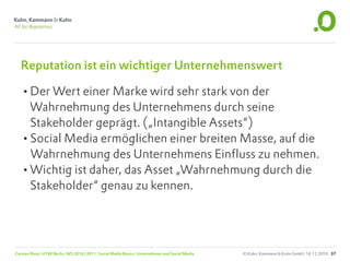 Reputation ist ein wichtiger Unternehmenswert

  •Der Wert einer Marke wird sehr stark von der
   Wahrnehmung des Unternehmens durch seine
   Stakeholder geprägt. („Intangible Assets“)
  •Social Media ermöglichen einer breiten Masse, auf die
   Wahrnehmung des Unternehmens Einfluss zu nehmen.
  •Wichtig ist daher, das Asset „Wahrnehmung durch die
   Stakeholder“ genau zu kennen.




Carsten Rossi, HTW Berlin, WS 2010/2011, Social Media Basics: Unternehmen und Social Media   © Kuhn, Kammann & Kuhn GmbH, 16.12.2010 37
 