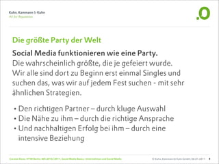 Die größte Party der Welt
  Social Media funktionieren wie eine Party.
  Die wahrscheinlich größte, die je gefeiert wurde.
  Wir alle sind dort zu Beginn erst einmal Singles und
  suchen das, was wir auf jedem Fest suchen - mit sehr
  ähnlichen Strategien.

  •Den richtigen Partner – durch kluge Auswahl
  •Die Nähe zu ihm – durch die richtige Ansprache
  •Und nachhaltigen Erfolg bei ihm – durch eine
       intensive Beziehung

Carsten Rossi, HTW Berlin, WS 2010/2011, Social Media Basics: Unternehmen und Social Media   © Kuhn, Kammann & Kuhn GmbH, 06.01.2011   4
 