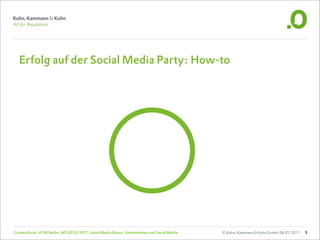 Erfolg auf der Social Media Party: How-to




Carsten Rossi, HTW Berlin, WS 2010/2011, Social Media Basics: Unternehmen und Social Media   © Kuhn, Kammann & Kuhn GmbH, 06.01.2011   5
 