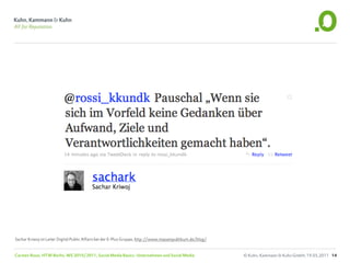 Sachar Kriwoj ist Leiter Digital Public Affairs bei der E-Plus Gruppe, http://www.massenpublikum.de/blog/


Carsten Rossi, HTW Berlin, WS 2010/2011, Social Media Basics: Unternehmen und Social Media                  © Kuhn, Kammann & Kuhn GmbH, 19.05.2011 14
 