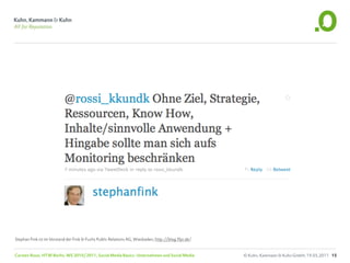 Stephan Fink ist im Vorstand der Fink & Fuchs Public Relations AG, Wiesbaden, http://blog.ffpr.de/


Carsten Rossi, HTW Berlin, WS 2010/2011, Social Media Basics: Unternehmen und Social Media           © Kuhn, Kammann & Kuhn GmbH, 19.05.2011 15
 