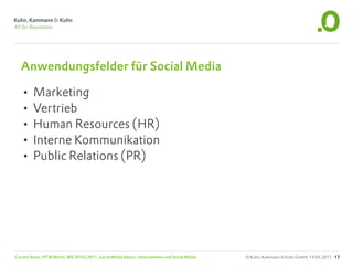 Anwendungsfelder für Social Media

  • Marketing
  • Vertrieb
  • Human Resources (HR)
  • Interne Kommunikation
  • Public Relations (PR)




Carsten Rossi, HTW Berlin, WS 2010/2011, Social Media Basics: Unternehmen und Social Media   © Kuhn, Kammann & Kuhn GmbH, 19.05.2011 17
 