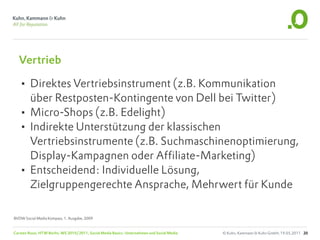 Vertrieb

  • Direktes Vertriebsinstrument (z.B. Kommunikation
    über Restposten-Kontingente von Dell bei Twitter)
  • Micro-Shops (z.B. Edelight)
  • Indirekte Unterstützung der klassischen
    Vertriebsinstrumente (z.B. Suchmaschinenoptimierung,
    Display-Kampagnen oder Affiliate-Marketing)
  • Entscheidend: Individuelle Lösung,
    Zielgruppengerechte Ansprache, Mehrwert für Kunde

BVDW Social Media Kompass, 1. Ausgabe, 2009


Carsten Rossi, HTW Berlin, WS 2010/2011, Social Media Basics: Unternehmen und Social Media   © Kuhn, Kammann & Kuhn GmbH, 19.05.2011 20
 