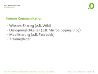 Interne Kommunikation

  • Wissens-Sharing (z.B. Wiki)
  • Dialogmöglichkeiten (z.B. Microblogging, Blog)
  • Mobilisierung (z.B. Facebook)
  • Trainingslager




Carsten Rossi, HTW Berlin, WS 2010/2011, Social Media Basics: Unternehmen und Social Media   © Kuhn, Kammann & Kuhn GmbH, 19.05.2011 22
 