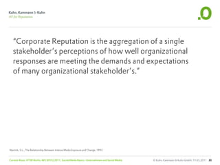 “Corporate Reputation is the aggregation of a single
  stakeholder’s perceptions of how well organizational
  responses are meeting the demands and expectations
  of many organizational stakeholder’s.”




Wartick, S.L., The Relationship Between Intense Media Exposure and Change, 1992


Carsten Rossi, HTW Berlin, WS 2010/2011, Social Media Basics: Unternehmen und Social Media   © Kuhn, Kammann & Kuhn GmbH, 19.05.2011 30
 