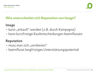 Wie unterscheidet sich Reputation von Image?

  Image
  • kann „erkauft“ werden (z.B. durch Kampagne)
  • kann kurzfristige Kaufentscheidungen beeinflussen

  Reputation
  • muss man sich „verdienen“
  • beeinflusst langfristiges Unterstützungspotential




Carsten Rossi, HTW Berlin, WS 2010/2011, Social Media Basics: Unternehmen und Social Media   © Kuhn, Kammann & Kuhn GmbH, 19.05.2011 37
 