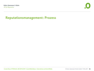 Reputationsmanagement: Prozess




Carsten Rossi, HTW Berlin, WS 2010/2011, Social Media Basics: Unternehmen und Social Media   © Kuhn, Kammann & Kuhn GmbH, 19.05.2011 46
 