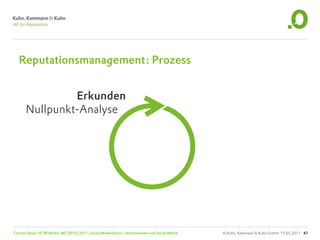 Reputationsmanagement: Prozess


               Erkunden
      Nullpunkt-Analyse




Carsten Rossi, HTW Berlin, WS 2010/2011, Social Media Basics: Unternehmen und Social Media   © Kuhn, Kammann & Kuhn GmbH, 19.05.2011 47
 