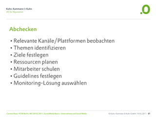 Abchecken

  •Relevante Kanäle/Plattformen beobachten
  •Themen identifizieren
  •Ziele festlegen
  •Ressourcen planen
  •Mitarbeiter schulen
  •Guidelines festlegen
  •Monitoring-Lösung auswählen



Carsten Rossi, HTW Berlin, WS 2010/2011, Social Media Basics: Unternehmen und Social Media   © Kuhn, Kammann & Kuhn GmbH, 19.05.2011 57
 