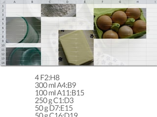 4 F2:H8
300 ml A4:B9
100 ml A11:B15
250 g C1:D3
50 g D7:E15
 