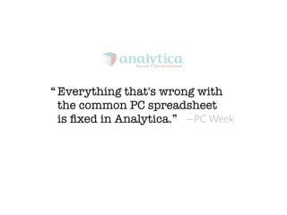 Everything that's wrong with
the common PC spreadsheet
is ﬁxed in Analytica.”
“
—PC Week
 
