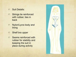 Suit Details:Strings tie reinforced with rubber, ties in backNylon/Lycra body and liningShelf bra upperSeams reinforced with rubber for stability and keeping the suit in place during activity