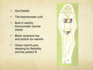 Suit Details:The thermometer suit!Built in wet/dry thermometer (center chest)Black neoprene top and bottom for warmthGreen nylon/Lycra detailing for flexibility and the perfect fit