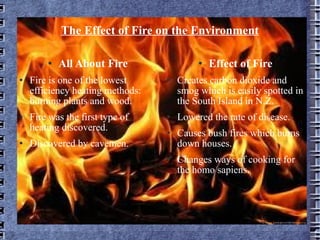 The Effect of Fire on the Environment All About Fire Fire is one of the lowest efficiency heating methods: burning plants and wood. Fire was the first type of heating discovered. Discovered by cavemen. Effect of Fire Creates carbon dioxide and smog which is easily spotted in the South Island in N.Z. Lowered the rate of disease. Causes bush fires which burns down houses. Changes ways of cooking for the homo sapiens. 
