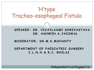„H‟type
Tracheo-esophageal Fistula

SPEAKER- DR. VIJAYLAXMI SHRIVASTAVA
         DR. ASHWIN.A.JAISWAL

MODERATOR- DR.M.K.MOHANTY

DEPARTMENT OF PAEDIATRIC SURGERY
      J.L.N.H & R.C, BHILAI




                 Dnbpaediatrics.blogspot.in
 