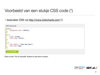 Voorbeeld van een stukje CSS code (*)
12
• bestudeer CSS via http://www.w3schools.com (*)

 
