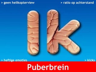 Puberbrein > geen helikopterview   > ratio op achterstand > heftige emoties   > kicks 