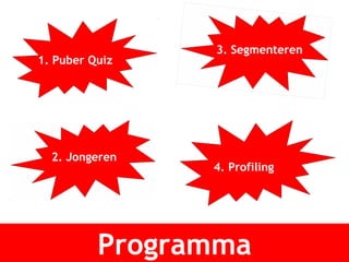 Programma 1. Puber Quiz 4. Profiling 2. Jongeren 3. Segmenteren 