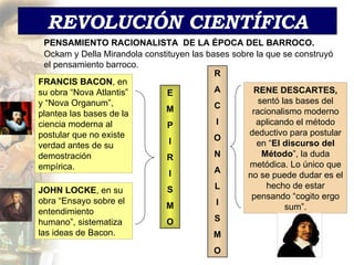 REVOLUCIÓN CIENTÍFICA PENSAMIENTO RACIONALISTA  DE LA ÉPOCA DEL BARROCO. Ockam y Della Mirandola constituyen las bases sobre la que se construyó el pensamiento barroco. FRANCIS BACON , en su obra “Nova Atlantis” y “Nova Organum”, plantea las bases de la ciencia moderna al postular que no existe verdad antes de su demostración empírica. JOHN LOCKE , en su obra “Ensayo sobre el entendimiento humano”, sistematiza las ideas de Bacon. RENE DESCARTES,  sentó las bases del racionalismo moderno aplicando el método deductivo para postular en “ El discurso del Método ”, la duda metódica. Lo único que no se puede dudar es el hecho de estar pensando “cogito ergo sum”. E M P I R I S M O R A C I O N A L I S M O 