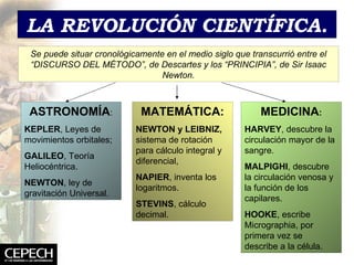 LA REVOLUCIÓN CIENTÍFICA. Se puede situar cronológicamente en el medio siglo que transcurrió entre el “DISCURSO DEL MÉTODO”, de Descartes y los “PRINCIPIA”, de Sir Isaac Newton. ASTRONOMÍA : KEPLER , Leyes de movimientos orbitales; GALILEO , Teoría Heliocéntrica. NEWTON , ley de gravitación Universal. MATEMÁTICA: NEWTON y LEIBNIZ,  sistema de rotación para cálculo integral y diferencial, NAPIER , inventa los logaritmos. STEVINS , cálculo decimal. MEDICINA : HARVEY , descubre la circulación mayor de la sangre. MALPIGHI , descubre la circulación venosa y la función de los capilares. HOOKE , escribe Micrographia, por primera vez se describe a la célula. 