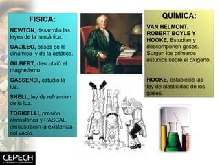 FISICA: NEWTON , desarrolló las leyes de la mecánica. GALILEO,  bases de la dinámica  y de la estática. GILBERT , descubrió el magnetismo. GASSENDI,  estudió la luz. SNELL , ley de refracción de la luz. TORICELLI,  presión atmosférica y PASCAL, demostraron la existencia del vacío.  QUÍMICA: VAN HELMONT, ROBERT BOYLE Y HOOKE,  Estudian y descomponen gases.  Surgen los primeros estudios sobre el oxígeno. HOOKE,  estableció las ley de elasticidad de los gases. 