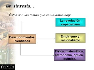 En s íntesis… É stos son los temas que estudiamos hoy: Descubrimientos  cient íficos La revoluci ón  copernicana Empirismo y  racionalismo F ísica, matemática,  astronomía, óptica,  química. 