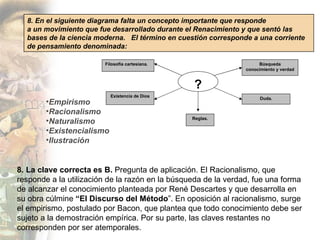 8. En el siguiente diagrama falta un concepto importante que responde  a un movimiento que fue desarrollado durante el Renacimiento y que sentó las bases de la ciencia moderna.  El término en cuestión corresponde a una corriente de pensamiento denominada: Empirismo Racionalismo Naturalismo Existencialismo Ilustración 8. La clave correcta es B.  Pregunta de aplicación. El Racionalismo, que responde a la utilización de la razón en la búsqueda de la verdad, fue una forma de alcanzar el conocimiento planteada por René Descartes y que desarrolla en su obra cúlmine  “El Discurso del Método ”. En oposición al racionalismo, surge el empirismo, postulado por Bacon, que plantea que todo conocimiento debe ser sujeto a la demostración empírica. Por su parte, las claves restantes no corresponden por ser atemporales. Filosofía cartesiana. Duda. Existencia de Dios Búsqueda conocimiento y verdad Reglas. ? 