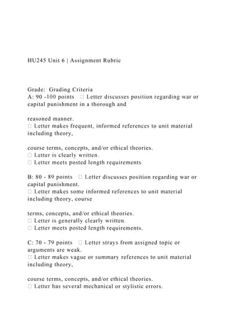 HU245 Unit 6 | Assignment Rubric
Grade: Grading Criteria
A: 90 -
capital punishment in a thorough and
reasoned manner.
including theory,
course terms, concepts, and/or ethical theories.
B: 80 - scusses position regarding war or
capital punishment.
including theory, course
terms, concepts, and/or ethical theories.
equirements.
C: 70 -
arguments are weak.
including theory,
course terms, concepts, and/or ethical theories.
ical or stylistic errors.
 