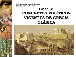 Clase 3:   CONCEPTOS POLÍTICOS VIGENTES DE GRECIA CLÁSICA Área: Historia y Ciencias Sociales Sección: Historia Universal 
