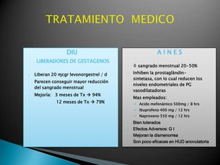 DIU
LIBERADORES DE GESTAGENOS
• Liberan 20 ɱcgr levonorgestrel / d
• Parecen conseguir mayor reducción
del sangrado menstrual
• Mejoría: 3 meses de Tx  94%
12 meses de Tx  79%
A I N E S
•  sangrado menstrual 20-50%
• Inhiben la prostaglàndin-
sintetasa, con lo cual reducen los
niveles endometriales de PG
vasodilatadoras
• Mas empleados:
 Acido mefenàmico 500mg / 8 hrs
 Ibuprofeno 400 mg / 12 hrs
 Naproxeno 550 mg / 12 hrs
• Bien tolerados
• Efectos Adversos: G I
• Mejoran la dismenorrea
• Son poco eficaces en HUD anovulatoria
 