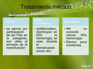 Page 41
Tratamiento médico.
AINES:
• se admon por
participación
de las PGs en
la patogenia,
son utiles al
principio de la
mesntruación
Acido
tranexámico:
• antifibrinolitico,
disminuyen en
50% la
hemorragia, se
usan durante
la
menstruación
pocos ram.
Etamsilato:
• MA no
conocido
reduce 50%
hemorragia.
• Efectos poco
constantes.
 