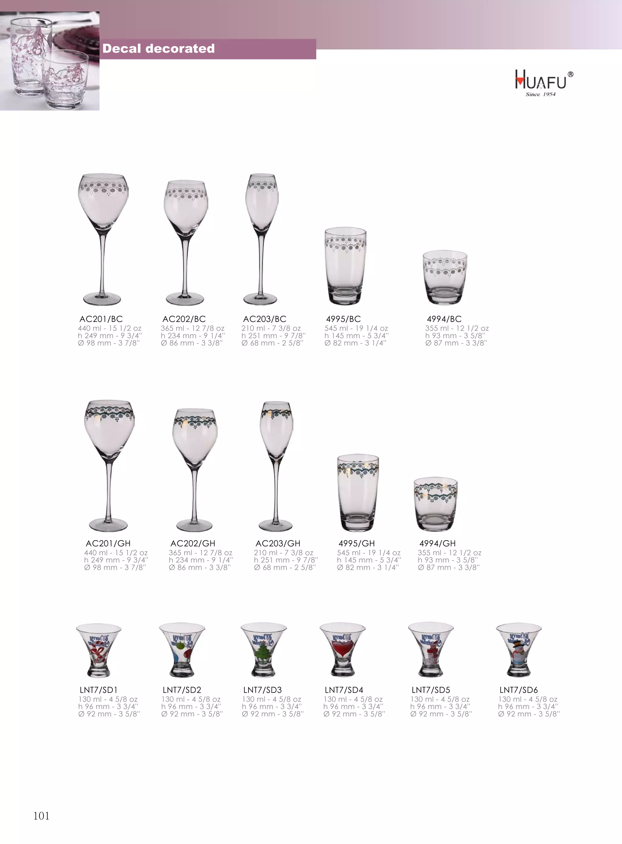 Decal decorated




      AC201/BC              AC202/BC               AC203/BC                4995/BC                     4994/BC
      440 ml - 15 1/2 oz    365 ml - 12 7/8 oz     210 ml - 7 3/8 oz       545 ml - 19 1/4 oz          355 ml - 12 1/2 oz
      h 249 mm - 9 3/4''    h 234 mm - 9 1/4''     h 251 mm - 9 7/8''      h 145 mm - 5 3/4''          h 93 mm - 3 5/8''
      Ø 98 mm - 3 7/8''     Ø 86 mm - 3 3/8''      Ø 68 mm - 2 5/8''       Ø 82 mm - 3 1/4''           Ø 87 mm - 3 3/8''




        AC201/GH              AC202/GH                AC203/GH                 4995/GH               4994/GH
       440 ml - 15 1/2 oz     365 ml - 12 7/8 oz      210 ml - 7 3/8 oz       545 ml - 19 1/4 oz     355 ml - 12 1/2 oz
       h 249 mm - 9 3/4''     h 234 mm - 9 1/4''      h 251 mm - 9 7/8''      h 145 mm - 5 3/4''     h 93 mm - 3 5/8''
       Ø 98 mm - 3 7/8''      Ø 86 mm - 3 3/8''       Ø 68 mm - 2 5/8''       Ø 82 mm - 3 1/4''      Ø 87 mm - 3 3/8''




      LNT7/SD1              LNT7/SD2               LNT7/SD3                LNT7/SD4                LNT7/SD5                 LNT7/SD6
      130 ml - 4 5/8 oz     130 ml - 4 5/8 oz      130 ml - 4 5/8 oz       130 ml - 4 5/8 oz       130 ml - 4 5/8 oz        130 ml - 4 5/8 oz
      h 96 mm - 3 3/4''     h 96 mm - 3 3/4''      h 96 mm - 3 3/4''       h 96 mm - 3 3/4''       h 96 mm - 3 3/4''        h 96 mm - 3 3/4''
      Ø 92 mm - 3 5/8''     Ø 92 mm - 3 5/8''      Ø 92 mm - 3 5/8''       Ø 92 mm - 3 5/8''       Ø 92 mm - 3 5/8''        Ø 92 mm - 3 5/8''




101
 