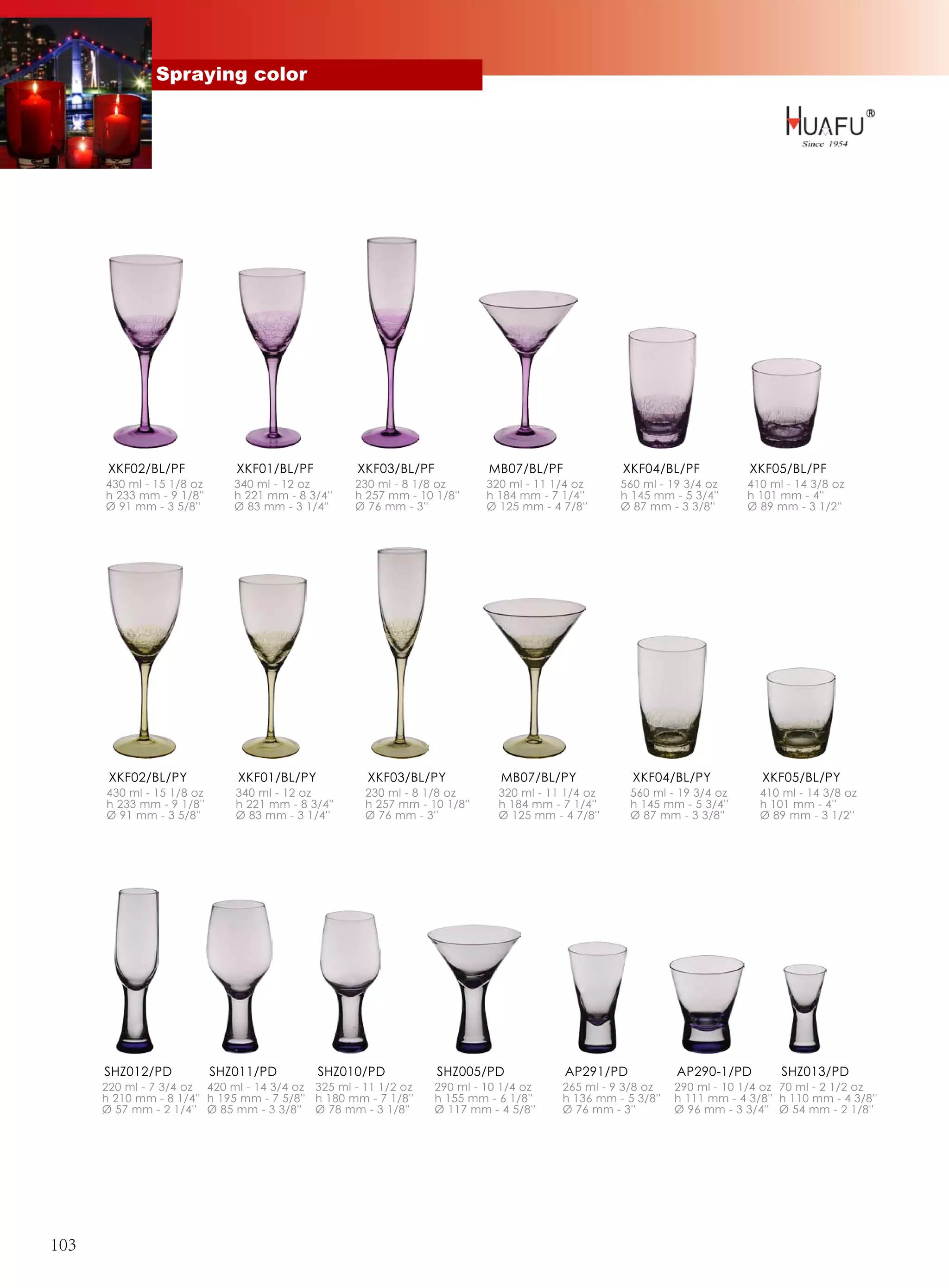 Spraying color




       XKF02/BL/PF            XKF01/BL/PF          XKF03/BL/PF             MB07/BL/PF              XKF04/BL/PF            XKF05/BL/PF
      430 ml - 15 1/8 oz      340 ml - 12 oz       230 ml - 8 1/8 oz       320 ml - 11 1/4 oz     560 ml - 19 3/4 oz      410 ml - 14 3/8 oz
      h 233 mm - 9 1/8''      h 221 mm - 8 3/4''   h 257 mm - 10 1/8''     h 184 mm - 7 1/4''     h 145 mm - 5 3/4''      h 101 mm - 4''
      Ø 91 mm - 3 5/8''       Ø 83 mm - 3 1/4''    Ø 76 mm - 3''           Ø 125 mm - 4 7/8''     Ø 87 mm - 3 3/8''       Ø 89 mm - 3 1/2''




       XKF02/BL/PY            XKF01/BL/PY            XKF03/BL/PY             MB07/BL/PY             XKF04/BL/PY              XKF05/BL/PY
      430 ml - 15 1/8 oz      340 ml - 12 oz         230 ml - 8 1/8 oz       320 ml - 11 1/4 oz     560 ml - 19 3/4 oz      410 ml - 14 3/8 oz
      h 233 mm - 9 1/8''      h 221 mm - 8 3/4''     h 257 mm - 10 1/8''     h 184 mm - 7 1/4''     h 145 mm - 5 3/4''      h 101 mm - 4''
      Ø 91 mm - 3 5/8''       Ø 83 mm - 3 1/4''      Ø 76 mm - 3''           Ø 125 mm - 4 7/8''     Ø 87 mm - 3 3/8''       Ø 89 mm - 3 1/2''




      SHZ012/PD            SHZ011/PD         SHZ010/PD           SHZ005/PD              AP291/PD             AP290-1/PD         SHZ013/PD
      220 ml - 7 3/4 oz 420 ml - 14 3/4 oz 325 ml - 11 1/2 oz    290 ml - 10 1/4 oz     265 ml - 9 3/8 oz    290 ml - 10 1/4 oz 70 ml - 2 1/2 oz
      h 210 mm - 8 1/4'' h 195 mm - 7 5/8'' h 180 mm - 7 1/8''   h 155 mm - 6 1/8''     h 136 mm - 5 3/8''   h 111 mm - 4 3/8'' h 110 mm - 4 3/8''
      Ø 57 mm - 2 1/4'' Ø 85 mm - 3 3/8'' Ø 78 mm - 3 1/8''      Ø 117 mm - 4 5/8''     Ø 76 mm - 3''        Ø 96 mm - 3 3/4'' Ø 54 mm - 2 1/8''




103
 