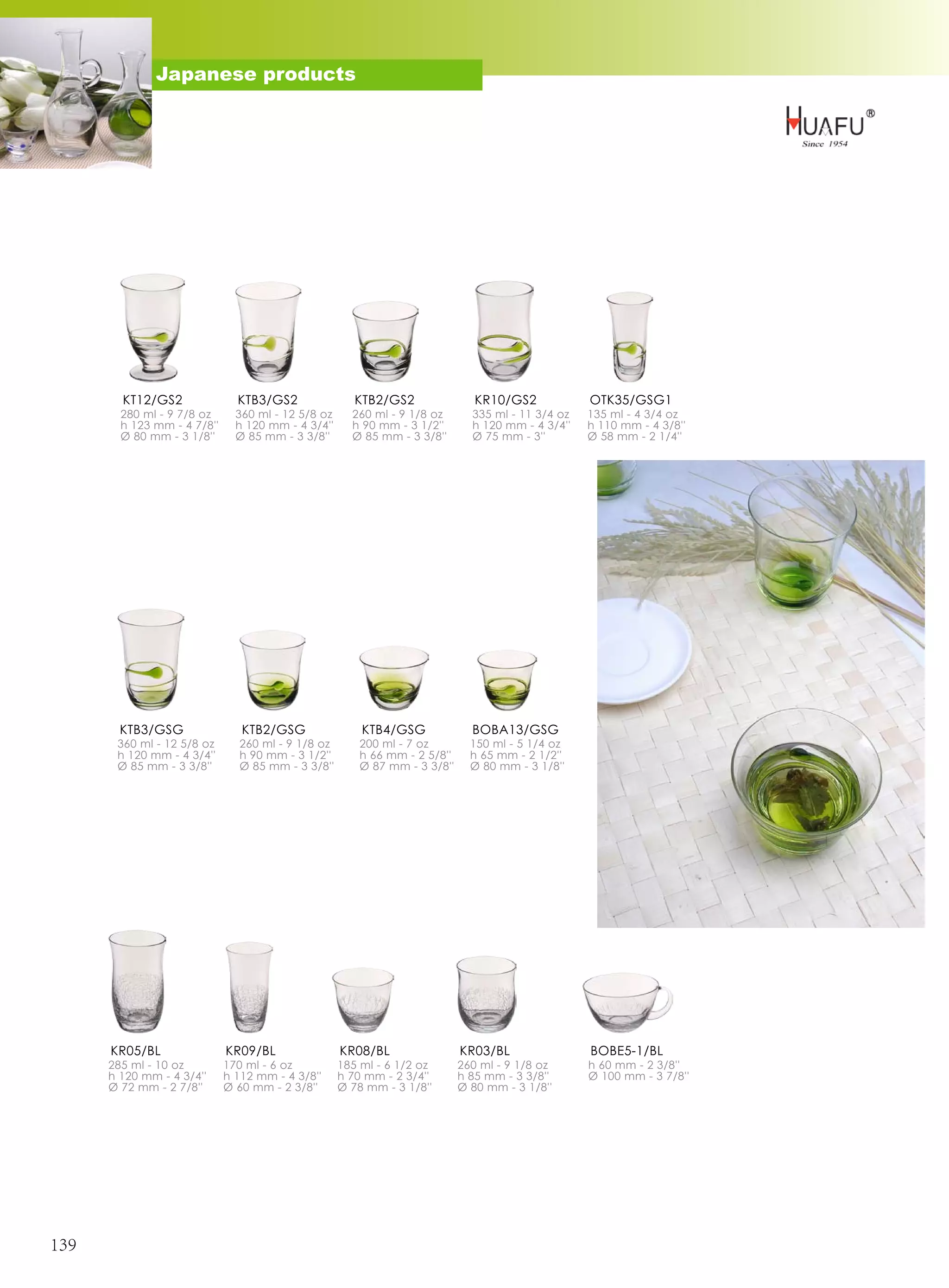 Japanese products




        KT12/GS2               KTB3/GS2                KTB2/GS2               KR10/GS2            OTK35/GSG1
        280 ml - 9 7/8 oz      360 ml - 12 5/8 oz     260 ml - 9 1/8 oz      335 ml - 11 3/4 oz   135 ml - 4 3/4 oz
        h 123 mm - 4 7/8''     h 120 mm - 4 3/4''     h 90 mm - 3 1/2''      h 120 mm - 4 3/4''   h 110 mm - 4 3/8''
        Ø 80 mm - 3 1/8''      Ø 85 mm - 3 3/8''      Ø 85 mm - 3 3/8''      Ø 75 mm - 3''        Ø 58 mm - 2 1/4''




        KTB3/GSG                KTB2/GSG                KTB4/GSG             BOBA13/GSG
       360 ml - 12 5/8 oz      260 ml - 9 1/8 oz       200 ml - 7 oz         150 ml - 5 1/4 oz
       h 120 mm - 4 3/4''      h 90 mm - 3 1/2''       h 66 mm - 2 5/8''     h 65 mm - 2 1/2''
       Ø 85 mm - 3 3/8''       Ø 85 mm - 3 3/8''       Ø 87 mm - 3 3/8''     Ø 80 mm - 3 1/8''




      KR05/BL                KR09/BL                KR08/BL                KR03/BL                BOBE5-1/BL
      285 ml - 10 oz         170 ml - 6 oz          185 ml - 6 1/2 oz      260 ml - 9 1/8 oz      h 60 mm - 2 3/8''
      h 120 mm - 4 3/4''     h 112 mm - 4 3/8''     h 70 mm - 2 3/4''      h 85 mm - 3 3/8''      Ø 100 mm - 3 7/8''
      Ø 72 mm - 2 7/8''      Ø 60 mm - 2 3/8''      Ø 78 mm - 3 1/8''      Ø 80 mm - 3 1/8''




139
 