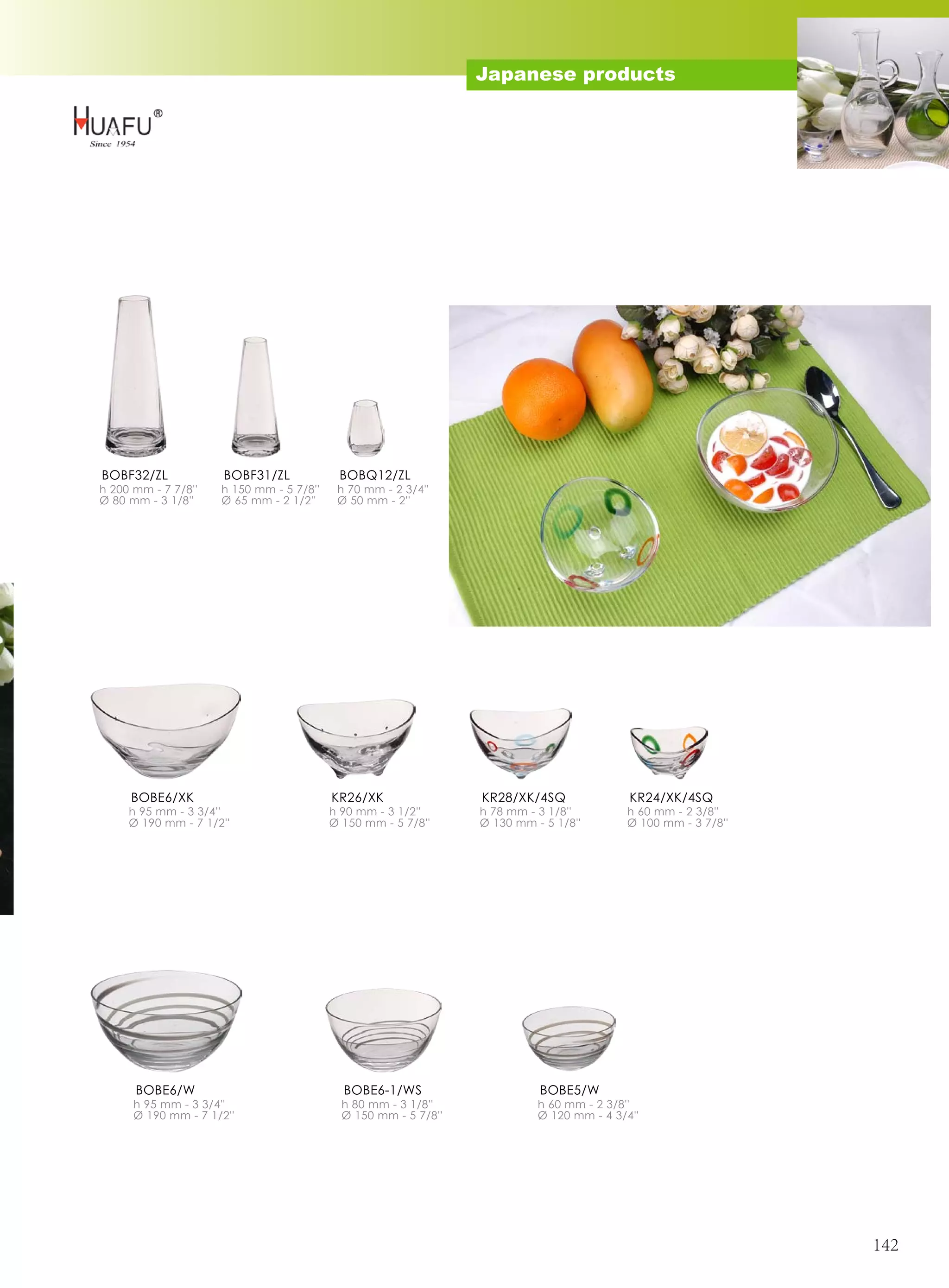 Japanese products




BOBF32/ZL             BOBF31/ZL            BOBQ12/ZL
h 200 mm - 7 7/8''   h 150 mm - 5 7/8''    h 70 mm - 2 3/4''
Ø 80 mm - 3 1/8''    Ø 65 mm - 2 1/2''     Ø 50 mm - 2''




     BOBE6/XK                             KR26/XK                KR28/XK/4SQ               KR24/XK/4SQ
     h 95 mm - 3 3/4''                    h 90 mm - 3 1/2''      h 78 mm - 3 1/8''        h 60 mm - 2 3/8''
     Ø 190 mm - 7 1/2''                   Ø 150 mm - 5 7/8''     Ø 130 mm - 5 1/8''       Ø 100 mm - 3 7/8''




      BOBE6/W                               BOBE6-1/WS                     BOBE5/W
      h 95 mm - 3 3/4''                     h 80 mm - 3 1/8''              h 60 mm - 2 3/8''
      Ø 190 mm - 7 1/2''                    Ø 150 mm - 5 7/8''             Ø 120 mm - 4 3/4''




                                                                                                               142
 