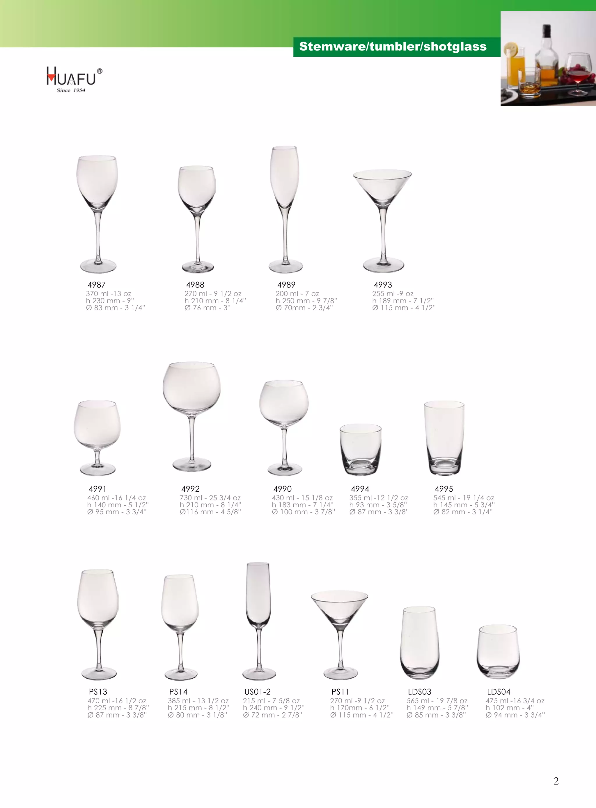 Stemware/tumbler/shotglass




4987                      4988                         4989                          4993
370 ml -13 oz            270 ml - 9 1/2 oz             200 ml - 7 oz                 255 ml -9 oz
h 230 mm - 9''           h 210 mm - 8 1/4''            h 250 mm - 9 7/8''            h 189 mm - 7 1/2''
Ø 83 mm - 3 1/4''        Ø 76 mm - 3''                 Ø 70mm - 2 3/4''              Ø 115 mm - 4 1/2''




4991                    4992                          4990                    4994                     4995
460 ml -16 1/4 oz       730 ml - 25 3/4 oz            430 ml - 15 1/8 oz    355 ml -12 1/2 oz          545 ml - 19 1/4 oz
h 140 mm - 5 1/2''      h 210 mm - 8 1/4''            h 183 mm - 7 1/4''    h 93 mm - 3 5/8''          h 145 mm - 5 3/4''
Ø 95 mm - 3 3/4''       Ø116 mm - 4 5/8''             Ø 100 mm - 3 7/8''    Ø 87 mm - 3 3/8''          Ø 82 mm - 3 1/4''




PS13                 PS14                    US01-2                    PS11                    LDS03                  LDS04
470 ml -16 1/2 oz    385 ml - 13 1/2 oz      215 ml - 7 5/8 oz        270 ml -9 1/2 oz        565 ml - 19 7/8 oz      475 ml -16 3/4 oz
h 225 mm - 8 7/8''   h 215 mm - 8 1/2''      h 240 mm - 9 1/2''       h 170mm - 6 1/2''       h 149 mm - 5 7/8''      h 102 mm - 4''
Ø 87 mm - 3 3/8''    Ø 80 mm - 3 1/8''       Ø 72 mm - 2 7/8''        Ø 115 mm - 4 1/2''      Ø 85 mm - 3 3/8''       Ø 94 mm - 3 3/4''




                                                                                                                                          2
 