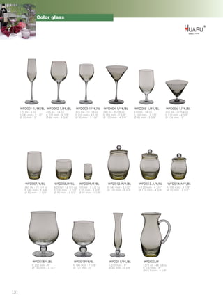 Color glass




      WFD001-1/YK/BL WFD002-1/YK/BL               WFD003-1/YK/BL        WFD004-1/YK/BL          WFD005-1/YK/BL          WFD006-1/YK/BL
      170 ml - 6 oz        455 ml - 16 oz        310 ml - 10 7/8 oz     280 ml - 9 7/8 oz       510 ml - 18 oz          305 ml - 10 3/4 oz
      h 240 mm - 9 1/2''   h 225 mm - 8 7/8''    h 210 mm - 8 1/4''     h 195 mm - 7 5/8''      h 180 mm - 7 1/8''      h 110 mm - 4 3/8''
      Ø 75 mm - 3''        Ø 86 mm - 3 3/8''     Ø 80 mm - 3 1/8''      Ø 120 mm - 4 3/4''      Ø 85 mm - 3 3/8''       Ø 126 mm - 5''




          WFD007/Y/BL            WFD008/Y/BL        WFD009/Y/BL            WFD012.A/Y/BL            WFD013.A/Y/BL            WFD014.A/Y/BL
         545 ml - 19 1/4 oz      460 ml - 16 1/4 oz 100 ml - 3 1/2 oz      h 140 mm - 5 1/2''      h 120 mm - 4 3/4''    h 100 mm - 3 7/8''
         h 145 mm - 5 3/4''      h 100 mm - 3 7/8'' h 85 mm - 3 3/8''      Ø 120 mm - 4 3/4''      Ø 110 mm - 4 3/8''    Ø 90 mm - 3 1/2''
         Ø 80 mm - 3 1/8''       Ø 90 mm - 3 1/2'' Ø 47 mm - 1 7/8''




                WFD018/Y/BL                     WFD019/Y/BL                 WFD011/YK/BL               WFD023/Y
               h 230 mm - 9''                   h 180 mm - 7 1/8''          h 230 mm - 9''             1375 ml - 48 3/8 oz
               Ø 165 mm - 6 1/2''               Ø 127 mm - 5''              Ø 86 mm - 3 3/8''          h 230 mm - 9''
                                                                                                       Ø 117 mm - 4 5/8''




131
 
