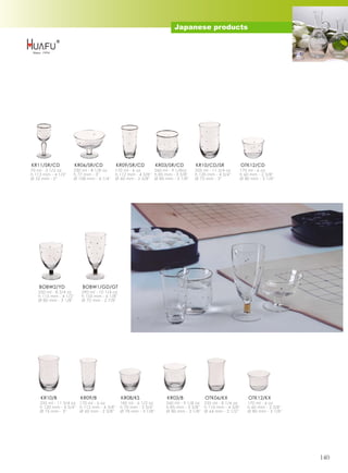 Japanese products




KR11/SR/CD              KR06/SR/CD          KR09/SR/CD             KR03/SR/CD       KR10/CD/SR               OTK12/CD
70 ml - 2 1/2 oz     230 ml - 8 1/8 oz    170 ml - 6 oz      260 ml - 9 1/8oz      335 ml - 11 3/4 oz    170 ml - 6 oz
h 113 mm - 4 1/2''   h 77 mm - 3''        h 112 mm - 4 3/8'' h 85 mm - 3 3/8''     h 120 mm - 4 3/4''    h 60 mm - 2 3/8''
Ø 52 mm - 2''        Ø 108 mm - 4 1/4''   Ø 60 mm - 2 3/8'' Ø 80 mm - 3 1/8''      Ø 75 mm - 3''         Ø 80 mm - 3 1/8''




    BOBW2/YD              BOBW1/GD/GT
   250 ml - 8 3/4 oz      290 ml - 10 1/4 oz
   h 115 mm - 4 1/2''     h 155 mm - 6 1/8''
   Ø 80 mm - 3 1/8''      Ø 72 mm - 2 7/8''




     KR10/B               KR09/B               KR08/KS                 KR03/B           OTK06/KX               OTK12/KX
    335 ml - 11 3/4 oz 170 ml - 6 oz           185 ml - 6 1/2 oz      260 ml - 9 1/8 oz 235 ml - 8 1/4 oz      170 ml - 6 oz
    h 120 mm - 4 3/4'' h 112 mm - 4 3/8''      h 70 mm - 2 3/4''      h 85 mm - 3 3/8'' h 110 mm - 4 3/8''     h 60 mm - 2 3/8''
    Ø 75 mm - 3''      Ø 60 mm - 2 3/8''       Ø 78 mm - 3 1/8''      Ø 80 mm - 3 1/8'' Ø 64 mm - 2 1/2''      Ø 80 mm - 3 1/8''




                                                                                                                                   140
 