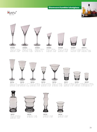 Stemware/tumbler/shotglass




KF0002                KF0003                 KF0004              KF0006               KF0008                 KF0009              KF0010
120 ml - 4 1/4 oz     240 ml - 8 1/2 oz     160 ml - 5 5/8 oz    40 ml - 1 3/8 oz     435 ml - 15 3/8 oz     325 ml - 11 1/2 oz 85 ml - 3 oz
h 265 mm - 10 3/8''   h 250 mm - 9 7/8''    h 230 mm - 9''       h 160 mm - 6 1/4''   h 160 mm - 6 1/4''     h 110 mm - 4 3/8'' h 95 mm - 3 3/4''
Ø 85 mm - 3 3/8''     Ø 117 mm - 4 5/8''    Ø 102 mm - 4''       Ø 68 mm - 2 5/8''    Ø 85 mm - 3 3/8''      Ø 96 mm - 3 3/4'' Ø 60 mm - 2 3/8''




XKF36             XKF35             XKF34               XKF33              XKF32                 XKF31              XKF30             XKF29
200 ml - 7 oz      320 ml - 11 1/4 oz 275 ml - 9 5/8 oz 105 ml - 3 3/4 oz   360 ml - 12 5/8 oz   380 ml - 13 3/8 oz 295 ml - 10 3/8 oz95 ml - 3 3/8 oz
h 252 mm - 9 7/8'' h 230 mm - 9''     h 215 mm - 8 1/2'' h 165 mm - 6 1/2'' h 185 mm - 7 1/4''   h 148 mm - 5 7/8'' h 100 mm - 3 7/8''h 90 mm - 3 1/2''
Ø 73 mm - 2 7/8'' Ø 95 mm - 3 3/4'' Ø 90 mm - 3 1/2'' Ø 65 mm - 2 1/2'' Ø 125 mm - 4 7/8''       Ø 82 mm - 3 1/4'' Ø 90 mm - 3 1/2'' Ø 50 mm - 2''




 XKF37                         XKF53                       XKF55                      XKF54
 955 ml - 33 5/8 oz           h 180 mm - 7 1/8''           h 240 mm - 9 1/2''         h 120 mm - 4 3/4''
 h 222 mm - 8 3/4''           Ø 148 mm - 5 7/8''           Ø 72 mm - 2 7/8''          Ø 95 mm - 3 3/4''
 Ø 95 mm - 3 3/4''




                                                                                                                                               24
 