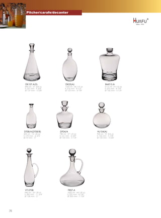 Pitcher/carafe/decanter




      DK107.A/ZL                  DK03(A)                         BM015.A
      890 ml - 31 3/8 oz         1320 ml - 46 1/2 oz              2115 ml -74 1/2 oz
      h 237 mm - 9 3/8''         h 216 mm - 8 1/2''               h 225 mm - 8 7/8''
      Ø 137 mm - 5 3/8''         Ø 123 mm - 4 7/8''               Ø 160 mm - 6 1/4''




     DT08/A(DT08/B)         DF04/A                        HL104(A)
     400 ml - 14 1/8 oz     780 ml - 27 1/2 oz            900 ml - 31 3/4 oz
     h 170 mm - 6 3/4''     h 161 mm - 6 3/8''            h 150 mm - 5 7/8''
     Ø 75 mm - 3''          Ø 133 mm - 5 1/4''            Ø 135 mm - 5 3/8''




      VT-270B                       FR07.A
      940 ml - 33 1/8 oz            1820 ml - 64 1/8 oz
      h 300 mm - 11 3/4''           h 225 mm - 8 7/8''
      Ø 128 mm - 5''                Ø 200 mm - 7 7/8''




31
 