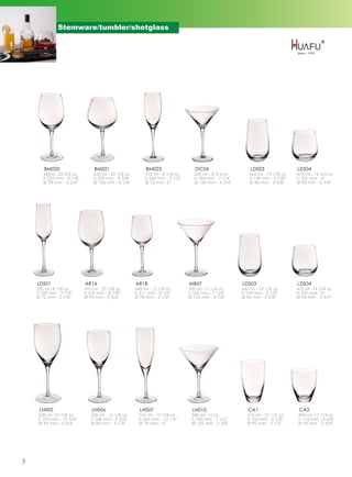 Stemware/tumbler/shotglass




       BM020                     BM021                    BM023                   OC04                    LDS03               LDS04
       585ml -20 5/8 oz         650 ml - 22 7/8 oz        235 ml - 8 1/4 oz      250 ml - 8 3/4 oz       565 ml - 19 7/8 oz   475 ml - 16 3/4 oz
       h 233 mm - 9 1/8''       h 220 mm - 8 5/8''        h 240 mm - 9 1/2''     h 184 mm - 7 1/4''      h 149 mm - 5 7/8''   h 102 mm - 4''
       Ø 94 mm - 3 3/4''        Ø 106 mm - 4 1/8''        Ø 75 mm -3''           Ø 120 mm - 4 3/4''      Ø 85 mm - 3 3/8''    Ø 94 mm - 3 3/4''




    LDS01                   AR16                     AR18                      MB07                   LDS03                   LDS04
    230 ml -8 1/8 oz        570 ml - 20 1/8 oz       345 ml - 12 1/8 oz        320 ml -11 1/4 oz      565 ml - 19 7/8 oz      475 ml -16 3/4 oz
    h 250 mm - 9 7/8''      h 225 mm - 8 7/8''       h 211 mm - 8 1/4''        h 184 mm - 7 1/4''     h 149 mm - 5 7/8''      h 102 mm - 4''
    Ø 72 mm - 2 7/8''       Ø 94 mm - 3 3/4''        Ø 78 mm - 3 1/8''         Ø 125 mm - 4 7/8''     Ø 85 mm - 3 3/8''       Ø 94 mm - 3 3/4''




     LH005                     LH006                   LH007                     LH010                   CA1                   CA2
     620 ml -21 7/8 oz         430 ml - 15 1/8 oz      310 ml - 10 7/8 oz       340 ml -12 oz           610 ml - 21 1/2 oz    490 ml -17 1/4 oz
     h 270 mm - 10 5/8''       h 248 mm - 9 3/4''      h 260 mm - 10 1/4''      h 190 mm - 7 1/2''      h 154 mm - 6 1/8''    h 116 mm - 4 5/8''
     Ø 94 mm - 3 3/4''         Ø 83 mm - 3 1/4''       Ø 76 mm - 3''            Ø 135 mm - 5 3/8''      Ø 90 mm - 3 1/2''     Ø 95 mm - 3 3/4''




3
 