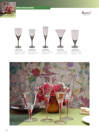 Stem decorated




     DW01/TRG             DW02/TRG             DW03/TRG              AR24/TRG             DW04/TRG
     365 ml - 12 7/8 oz   255 ml - 9 oz        215 ml - 7 5/8 oz     415 ml - 14 5/8 oz   535 ml - 18 7/8 oz
     h 233 mm - 9 1/8''   h 221 mm - 8 3/4''   h 257 mm - 10 1/8''   h 214 mm - 8 3/8''   h 212 mm - 8 3/8''
     Ø 83 mm - 3 1/4''    Ø 77 mm - 3''        Ø 76 mm - 3''         Ø 120 mm - 4 3/4''   Ø 89 mm - 3 1/2''




79
 