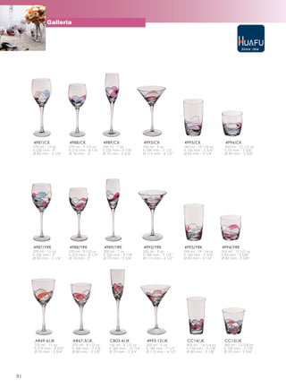 Galleria




     4987/CK              4988/CK                4989/CK                  4993/CK               4995/CK                 4994/CK
     370 ml - 13 oz       270 ml - 9 1/2 oz      200 ml - 7 oz            255 ml - 9 oz         545 ml - 19 1/4 oz      355 ml - 12 1/2 oz
     h 230 mm - 9''       h 210 mm - 8 1/4''     h 250 mm - 9 7/8''       h 189 mm - 7 1/2''    h 145 mm - 5 3/4''      h 93 mm - 3 5/8''
     Ø 83 mm - 3 1/4''    Ø 76 mm - 3''          Ø 70 mm - 2 3/4''        Ø 115 mm - 4 1/2''    Ø 82 mm - 3 1/4''       Ø 87 mm - 3 3/8''




     4987/YRK             4988/YRK               4989/YRK                 4993/YRK              4995/YRK              4994/YRK
     370 ml - 13 oz       270 ml - 9 1/2 oz      200 ml - 7 oz            255 ml - 9 oz         545 ml - 19 1/4 oz    355 ml - 12 1/2 oz
     h 230 mm - 9''       h 210 mm - 8 1/4''     h 250 mm - 9 7/8''       h 189 mm - 7 1/2''    h 145 mm - 5 3/4''    h 93 mm - 3 5/8''
     Ø 83 mm - 3 1/4''    Ø 76 mm - 3''          Ø 70 mm - 2 3/4''        Ø 115 mm - 4 1/2''    Ø 82 mm - 3 1/4''     Ø 87 mm - 3 3/8''




      AR69-6/JK             AR67-3/JK                CB03-4/JK              4993-12/JK            CC14/JK               CC13/JK
     370 ml - 13 oz         270 ml - 9 1/2 oz       185 ml - 6 1/2 oz      255 ml - 9 oz         405 ml - 14 1/4 oz    380 ml - 13 3/8 oz
     h 219 mm - 8 5/8''     h 200 mm - 7 7/8''      h 260 mm - 10 1/4''    h 189 mm - 7 1/2''    h 150 mm - 5 7/8''    h 100 mm - 3 7/8''
     Ø 95 mm - 3 3/4''      Ø 80 mm - 3 1/8''       Ø 70 mm - 2 3/4''      Ø 115 mm - 4 1/2''    Ø 80 mm - 3 1/8''     Ø 95 mm - 3 3/4''




81
 