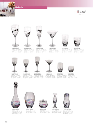 Galleria




      LH005/HYK               LH006/HYK               LH007/HYK              LH010/HYK                  CA1/HYK               CA2/HYK
     620 ml - 21 7/8 oz      430 ml - 15 1/8 oz       310 ml - 10 7/8 oz    340 ml - 12 oz              610 ml - 21 1/2 oz    490 ml - 17 1/4 oz
     h 270 mm - 10 5/8''     h 248 mm - 9 3/4''       h 260 mm - 10 1/4''   h 190 mm - 7 1/2''          h 154 mm - 6 1/8''    h 116 mm - 4 5/8''
     Ø 94 mm - 3 3/4''       Ø 83 mm - 3 1/4''        Ø 76 mm - 3''         Ø 135 mm - 5 3/8''          Ø 90 mm - 3 1/2''     Ø 95 mm - 3 3/4''




     QG79/SCK               QG78/SCK              QG80/SCK             HG58/SCK             KTE5/SCK              KTE4/SCK
     260 ml - 9 1/8 oz      190 ml - 6 3/4 oz  175 ml - 6 1/8 oz       140 ml - 4 7/8 oz    330 ml - 11 5/8 oz    200 ml - 7 oz
     h 185 mm - 7 1/4''     h 164 mm - 6 1/2'' h 200 mm - 7 7/8''      h 148 mm - 5 7/8''   h 125 mm - 4 7/8''    h 77 mm - 3''
     Ø 72 mm - 2 7/8''      Ø 66 mm - 2 5/8'' Ø 64 mm - 2 1/2''        Ø 100 mm - 3 7/8''   Ø 69 mm - 2 3/4''     Ø 72 mm - 2 7/8''




      JH07NP/CK                  WMF45/CK                    BG05/CK               CGB05/GP               ACC-7A/GP
      1090 ml - 38 3/8 oz        h 198 mm - 7 3/4''          h 90 mm - 3 1/2''     h 180 mm - 7 1/8''    470 ml - 16 1/2 oz
      h 300 mm - 11 3/4''        Ø 132 mm - 5 1/4''          Ø 116 mm - 4 5/8''    Ø 61 mm - 2 3/8''     h 150 mm - 5 7/8''
      Ø 115 mm - 4 1/2''                                                                                 Ø 88 mm - 3 1/2''




83
 