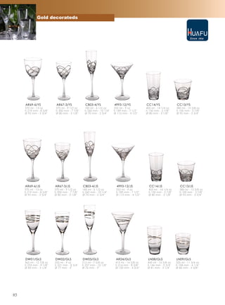 Gold decorateds




     AR69-6/YS             AR67-3/YS              CB03-4/YS             4993-12/YS            CC14/YS               CC13/YS
     370 ml - 13 oz        270 ml - 9 1/2 oz      185 ml - 6 1/2 oz     255 ml - 9 oz         405 ml - 14 1/4 oz    380 ml - 13 3/8 oz
     h 219 mm - 8 5/8''    h 200 mm - 7 7/8''     h 260 mm - 10 1/4''   h 189 mm - 7 1/2''    h 150 mm - 5 7/8''    h 100 mm - 3 7/8''
     Ø 95 mm - 3 3/4''     Ø 80 mm - 3 1/8''      Ø 70 mm - 2 3/4''     Ø 115 mm - 4 1/2''    Ø 80 mm - 3 1/8''     Ø 95 mm - 3 3/4''




     AR69-6/JS            AR67-3/JS             CB03-4/JS                 4993-12/JS            CC14/JS                CC13/JS
     370 ml - 13 oz       270 ml - 9 1/2 oz     185 ml - 6 1/2 oz        255 ml - 9 oz         405 ml - 14 1/4 oz     380 ml - 13 3/8 oz
     h 219 mm - 8 5/8''   h 200 mm - 7 7/8''    h 260 mm - 10 1/4''      h 189 mm - 7 1/2''    h 150 mm - 5 7/8''     h 100 mm - 3 7/8''
     Ø 95 mm - 3 3/4''    Ø 80 mm - 3 1/8''     Ø 70 mm - 2 3/4''        Ø 115 mm - 4 1/2''    Ø 80 mm - 3 1/8''      Ø 95 mm - 3 3/4''




     DW01/GLS             DW02/GLS              DW03/GLS                 AR24/GLS              LN08/GLS             LN09/GLS
     365 ml - 12 7/8 oz   255 ml - 9 oz         215 ml - 7 5/8 oz        415 ml - 14 5/8 oz    445 ml - 15 5/8 oz   335 ml - 11 3/4 oz
     h 233 mm - 9 1/8''   h 221 mm - 8 3/4''    h 257 mm - 10 1/8''      h 214 mm - 8 3/8''    h 146 mm - 5 3/4''   h 108 mm - 4 1/4''
     Ø 83 mm - 3 1/4''    Ø 77 mm - 3''         Ø 76 mm - 3''            Ø 120 mm - 4 3/4''    Ø 81 mm - 3 1/4''    Ø 86 mm - 3 3/8''




85
 